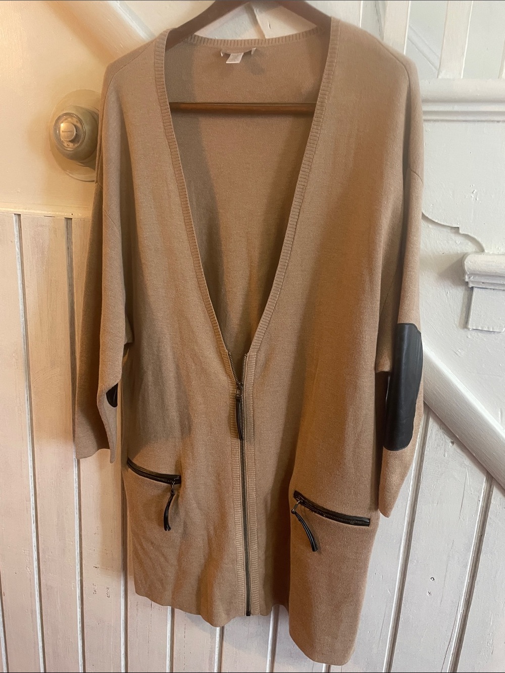 Nordstrom Tan Zip-Front Cardigan with Black Elbow Patches